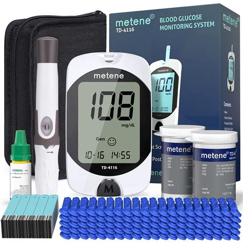 Metene td 4116 - Blood Glucose Monitor Kit with Test Strips and Lancets Metene TD-4116 Blood Sugar Test Kit Metene TD-4116 blood glucose monitoring system provides the elderly, the pregnant, diabetics, obese and other group of people best care to prevent the occurrence and development of Diabetes. 4 Testing Modes for Choosing: QC - control solution test AC - before meal PC - after meal Gen - any time of day No ... 